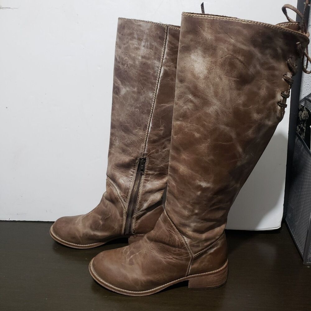 Corral Brown-Beige Distressed Leather Knee Boots Lace Up Zip 10,5" Ousole Sz 10?